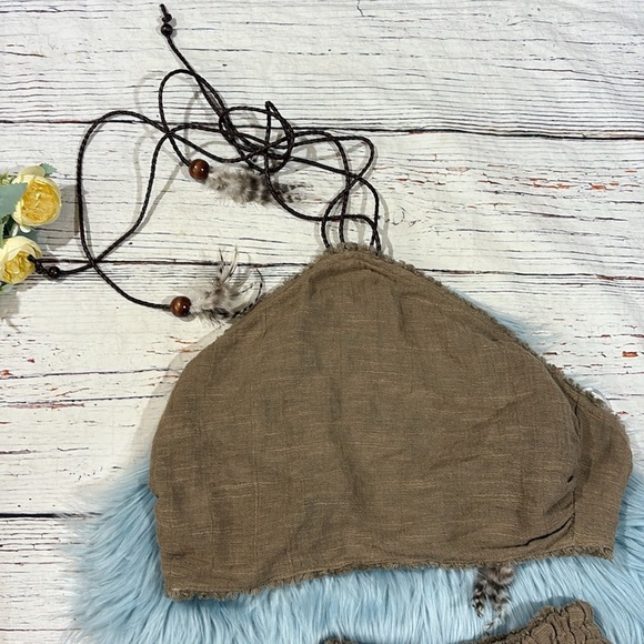 Lace the Label Greek Taupe Gauze Halter Feather Wide Leg Pant Top Set - Picture 6 of 11